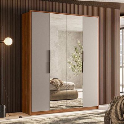 Guarda Roupa Casal Attore D43012k 4 Portas Nogueira Nude Prime Tx Com Espelho Demóbile - Demartêz