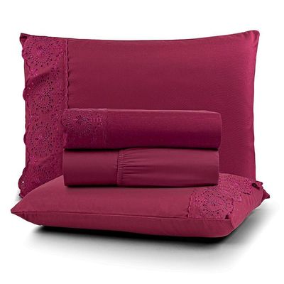 Jogo Cama Casal Cherry Bordado Inglês 4pç 100% Poliéster - Bordo