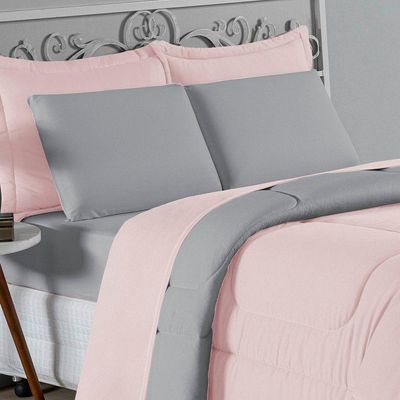 Edredom Queen Nobre 1 Peça Dupla Face 2,40m X 2,60m Malha 100% Algodão - Rosa / Cinza