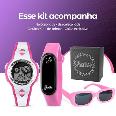 Relogio Digital + Infantil Barbie Rosa + Oculos Sol + Caixa Menina Qualidade Premium Ajustavel Data