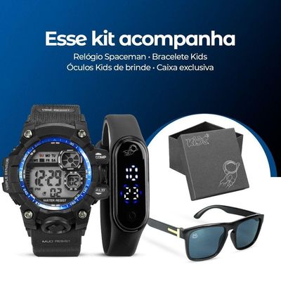 Caixa + Relógio Prova Dagua Infantil + Oculos Protecao Uv Ajustavel Alarme Resistente Menino Criança