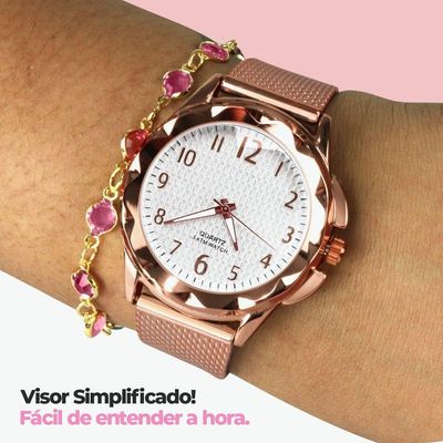 Relogio Dourado Feminino + Oculos Sol Proteção Uv + Caixa Colar E Brincos Presente Qualidade Premium
