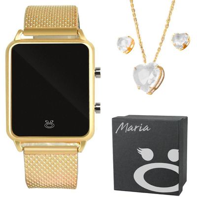 Relogio Feminino Digital + Colar Brinco + Pulseira + Caixa Banhado Qualidade Premium Social Presente