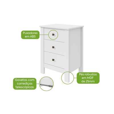 Mesa De Cabeceira 3 Gavetas Maggiore New - Lopas Branco