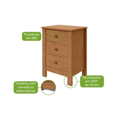 Mesa De Cabeceira 3 Gavetas Maggiore New - Lopas Amendoa Clean