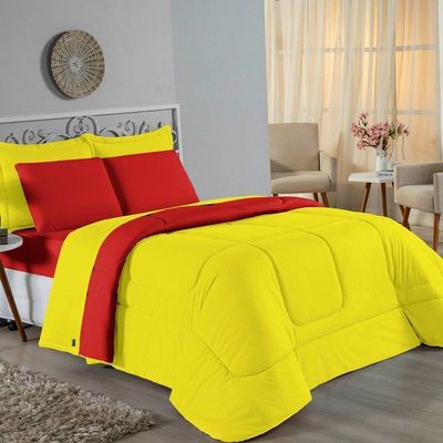 Kit Edredom Dupla Face + Jogo De Lençol Casal Nobre 7 Peças Malha 100% Algodão - Amarelo / Vermelho