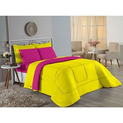 Kit Edredom Dupla Face + Jogo De Lençol Casal Nobre 7 Peças Malha 100% Algodão - Amarelo / Pink