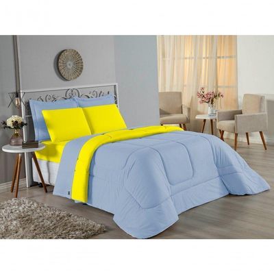 Kit Edredom Dupla Face + Jogo De Lençol Casal Nobre 7 Peças Malha 100% Algodão - Azul-bebê / Amarelo