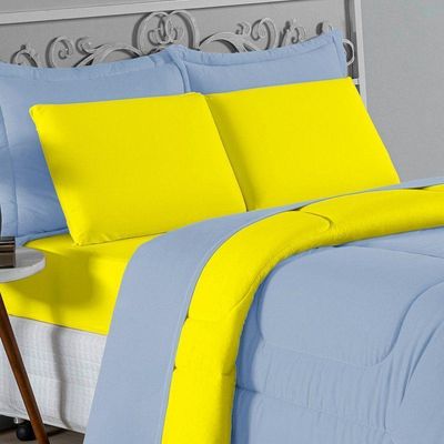 Kit Edredom Dupla Face + Jogo De Lençol Casal Nobre 7 Peças Malha 100% Algodão - Azul-bebê / Amarelo