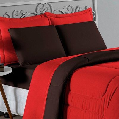 Kit Edredom Dupla Face + Jogo De Lençol Casal Nobre 6 Peças Malha 100% Algodão - Vermelho / Marrom
