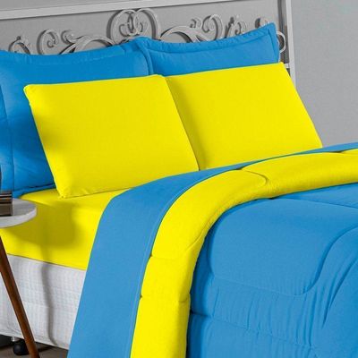 Kit Edredom Dupla Face + Jogo De Lençol Casal Nobre 6 Peças Malha 100% Algodão - Turquesa / Amarelo