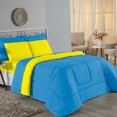 Kit Edredom Dupla Face + Jogo De Lençol Casal Nobre 6 Peças Malha 100% Algodão - Turquesa / Amarelo