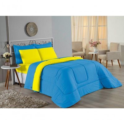 Kit Edredom Dupla Face + Jogo De Lençol Casal Nobre 6 Peças Malha 100% Algodão - Turquesa / Amarelo