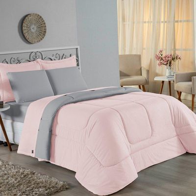 Kit Edredom Dupla Face + Jogo De Lençol Casal Nobre 6 Peças Malha 100% Algodão - Rosa / Cinza