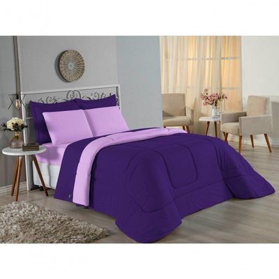 Kit Edredom Dupla Face + Jogo De Lençol Casal Nobre 6 Peças Malha 100% Algodão - Roxo / Lilás
