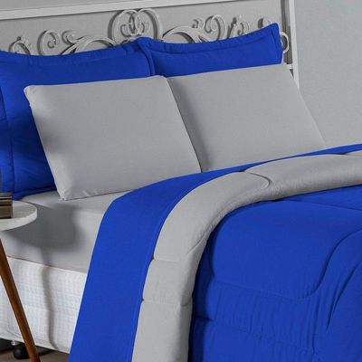 Kit Edredom Dupla Face + Jogo De Lençol Casal Nobre 6 Peças Malha 100% Algodão - Royal / Cinza