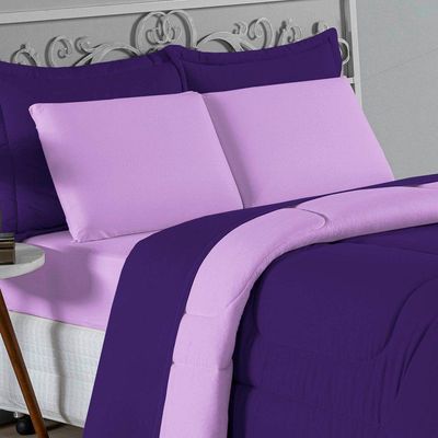 Kit Edredom Dupla Face + Jogo De Lençol Casal Nobre 6 Peças Malha 100% Algodão - Roxo / Lilás