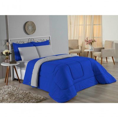 Kit Edredom Dupla Face + Jogo De Lençol Casal Nobre 6 Peças Malha 100% Algodão - Royal / Cinza