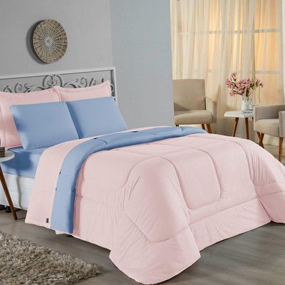 Kit Edredom Dupla Face + Jogo De Lençol Casal Nobre 6 Peças Malha 100% Algodão - Rosa / Azul-bebê