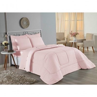 Kit Edredom Dupla Face + Jogo De Lençol Casal Nobre 6 Peças Malha 100% Algodão - Rosa
