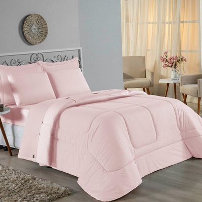 Kit Edredom Dupla Face + Jogo De Lençol Casal Nobre 6 Peças Malha 100% Algodão - Rosa