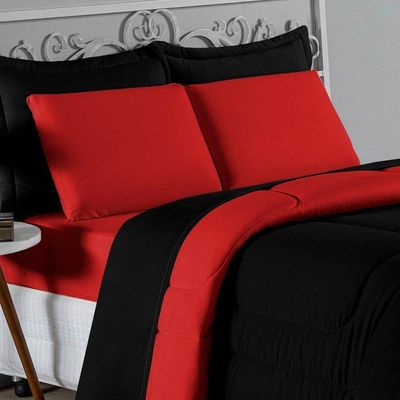 Kit Edredom Dupla Face + Jogo De Lençol Casal Nobre 6 Peças Malha 100% Algodão - Preto / Vermelho