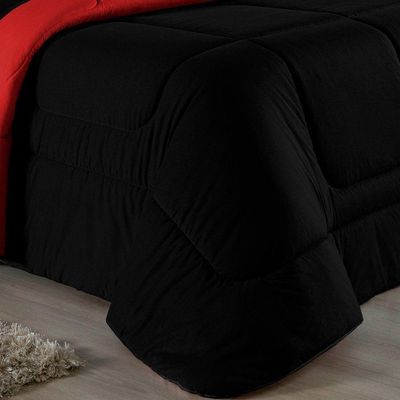 Kit Edredom Dupla Face + Jogo De Lençol Casal Nobre 6 Peças Malha 100% Algodão - Preto / Vermelho