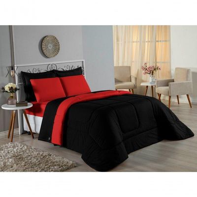 Kit Edredom Dupla Face + Jogo De Lençol Casal Nobre 6 Peças Malha 100% Algodão - Preto / Vermelho