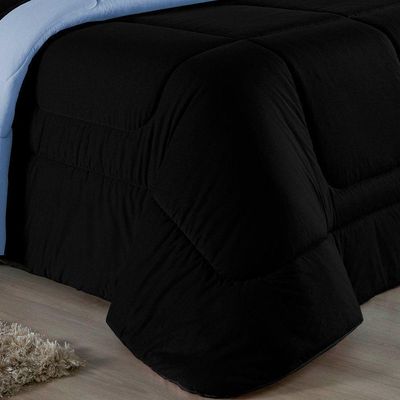 Kit Edredom Dupla Face + Jogo De Lençol Casal Nobre 6 Peças Malha 100% Algodão - Preto / Azul-bebê