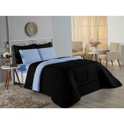 Kit Edredom Dupla Face + Jogo De Lençol Casal Nobre 6 Peças Malha 100% Algodão - Preto / Azul-bebê