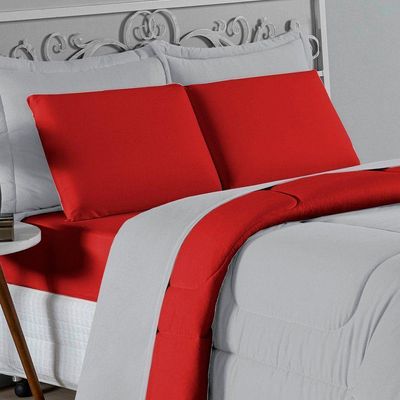 Kit Edredom Dupla Face + Jogo De Lençol Casal Nobre 6 Peças Malha 100% Algodão - Cinza / Vermelho