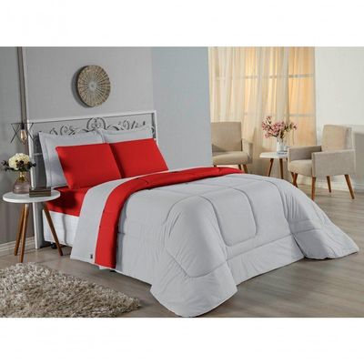 Kit Edredom Dupla Face + Jogo De Lençol Casal Nobre 6 Peças Malha 100% Algodão - Cinza / Vermelho