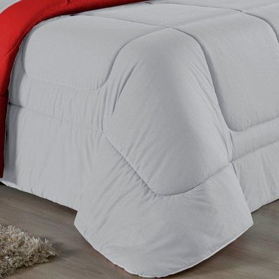 Kit Edredom Dupla Face + Jogo De Lençol Casal Nobre 6 Peças Malha 100% Algodão - Cinza / Vermelho