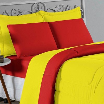 Kit Edredom Dupla Face + Jogo De Lençol Casal Nobre 6 Peças Malha 100% Algodão - Amarelo / Vermelho