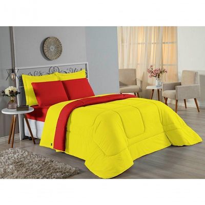 Kit Edredom Dupla Face + Jogo De Lençol Casal Nobre 6 Peças Malha 100% Algodão - Amarelo / Vermelho