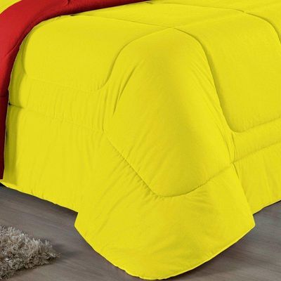 Kit Edredom Dupla Face + Jogo De Lençol Casal Nobre 6 Peças Malha 100% Algodão - Amarelo / Vermelho