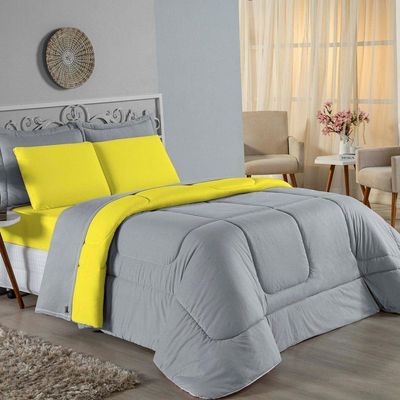 Kit Edredom Dupla Face + Jogo De Lençol Casal Nobre 6 Peças Malha 100% Algodão - Cinza / Amarelo