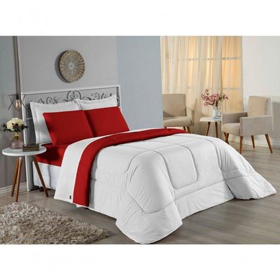Kit Edredom Dupla Face + Jogo De Lençol Casal Nobre 6 Peças Malha 100% Algodão - Branco / Vermelho