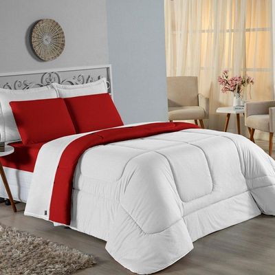 Kit Edredom Dupla Face + Jogo De Lençol Casal Nobre 6 Peças Malha 100% Algodão - Branco / Vermelho