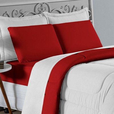 Kit Edredom Dupla Face + Jogo De Lençol Casal Nobre 6 Peças Malha 100% Algodão - Branco / Vermelho
