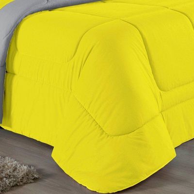 Kit Edredom Dupla Face + Jogo De Lençol Casal Nobre 6 Peças Malha 100% Algodão - Amarelo / Cinza