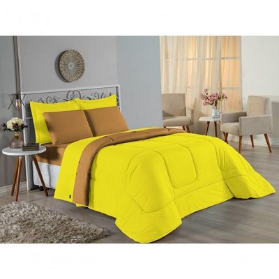 Kit Edredom Dupla Face + Jogo De Lençol Casal Nobre 6 Peças Malha 100% Algodão - Amarelo / Cobre