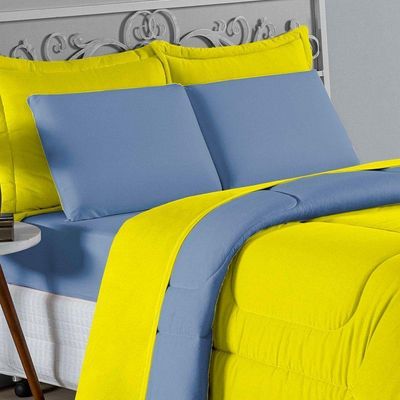 Kit Edredom Dupla Face + Jogo De Lençol Casal Nobre 6 Peças Malha 100% Algodão - Amarelo / Azul-bebê