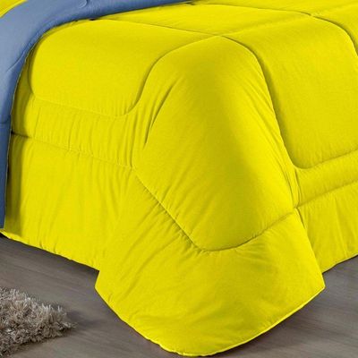 Kit Edredom Dupla Face + Jogo De Lençol Casal Nobre 6 Peças Malha 100% Algodão - Amarelo / Azul-bebê