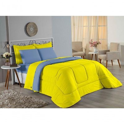 Kit Edredom Dupla Face + Jogo De Lençol Casal Nobre 6 Peças Malha 100% Algodão - Amarelo / Azul-bebê