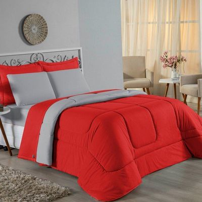 Edredom Solteiro Nobre 1 Peça Dupla Face 1,60m X 2,40m Malha 100% Algodão - Vermelho / Cinza