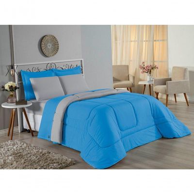 Edredom Solteiro Nobre 1 Peça Dupla Face 1,60m X 2,40m Malha 100% Algodão - Turquesa / Cinza