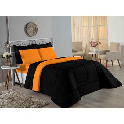 Edredom Solteiro Nobre 1 Peça Dupla Face 1,60m X 2,40m Malha 100% Algodão - Preto / Laranja