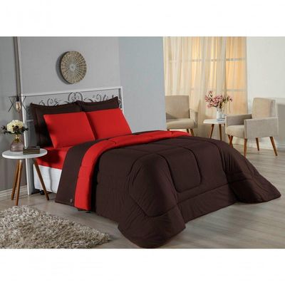 Edredom Solteiro Nobre 1 Peça Dupla Face 1,60m X 2,40m Malha 100% Algodão - Marrom / Vermelho