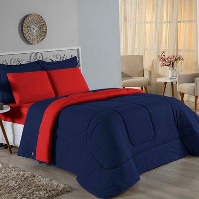Edredom Solteiro Nobre 1 Peça Dupla Face 1,60m X 2,40m Malha 100% Algodão - Azul-marinho / Vermelho
